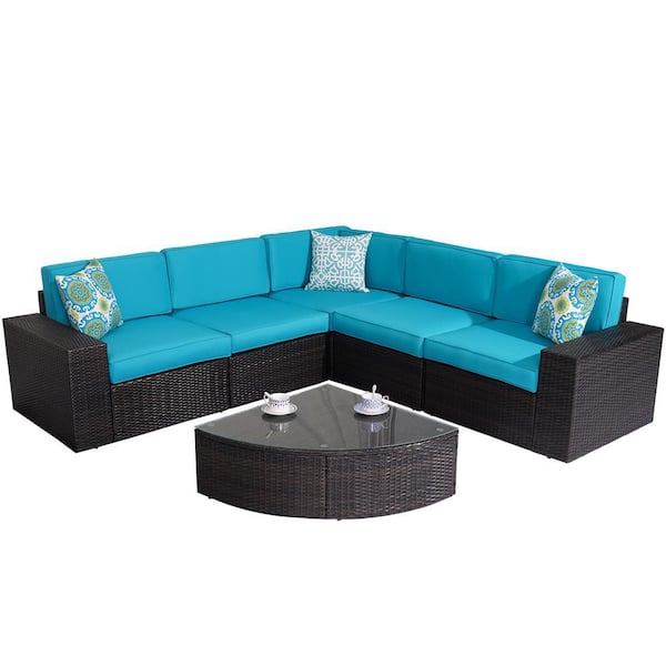 SUNVIVI 6-Piece Wicker Patio Conversation Sectional Seating Set with Blue Cushions