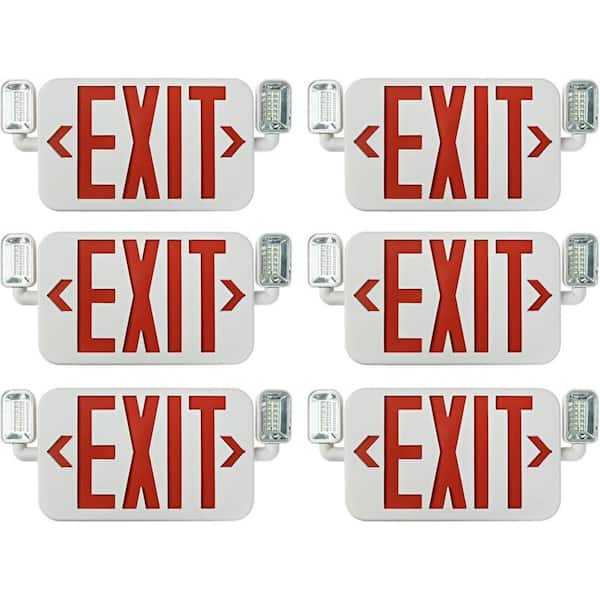 Ultra Slim LED Exit Sign with Emergency Light Combo, Battery Backup, Red Letters, 6-Pack Indoor Fixtures