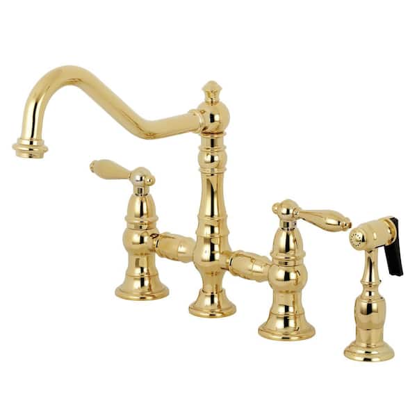 Kingston Brass Restoration 2-Handle Bridge Kitchen Faucet with Side Sprayer in Polished Brass