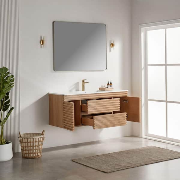 48 in. Oak Floating Bath Vanity with White Ceramic Top, Soft Close Drawers, Fully Assembled