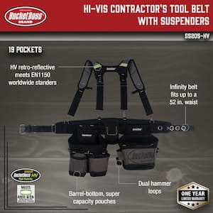 2 Bag 19-Pocket Professional High Visibility Contractor's Work Tool Belt Tool Storage Suspension Rig with Suspenders