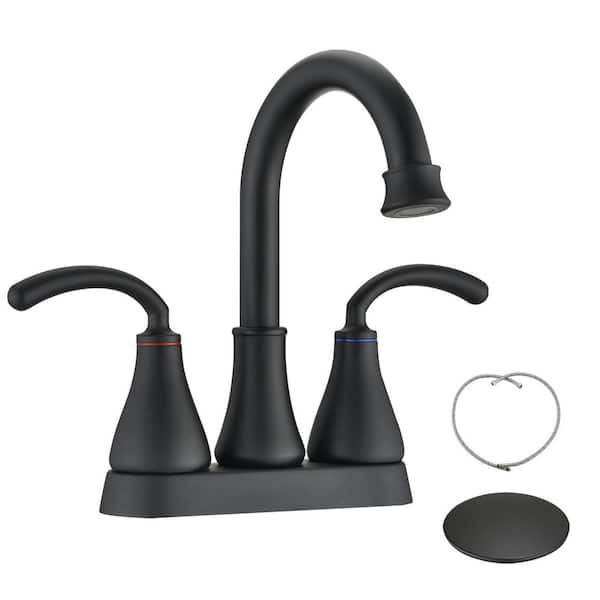 4 in. Centerset Double Handle High Arc Bathroom Faucet with Drain Kit Included in Matte Black