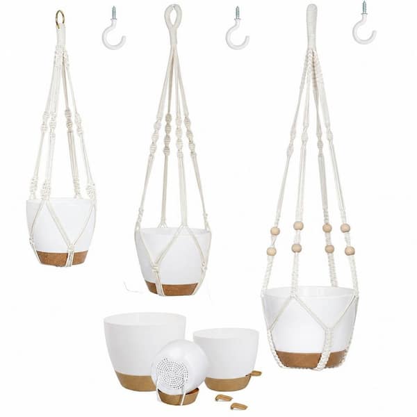 White Fabric Macrame Hanging Planter with PP Plastic Self Watering ...
