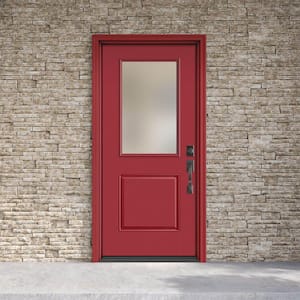 Performance Door System 36 in. x 80 in. 1/2 Lite Pearl Left-Hand Inswing Red Smooth Fiberglass Prehung Front Door