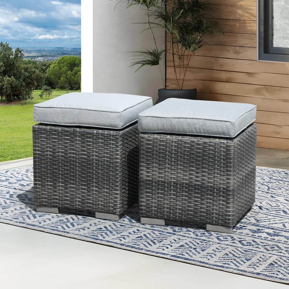 Patiorama 2 Piece Wicker Outdoor Patio Ottomans with Grey Cushions
