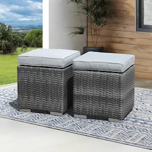 Patiorama 2-Piece Wicker Outdoor Patio Ottomans with Grey Cushions