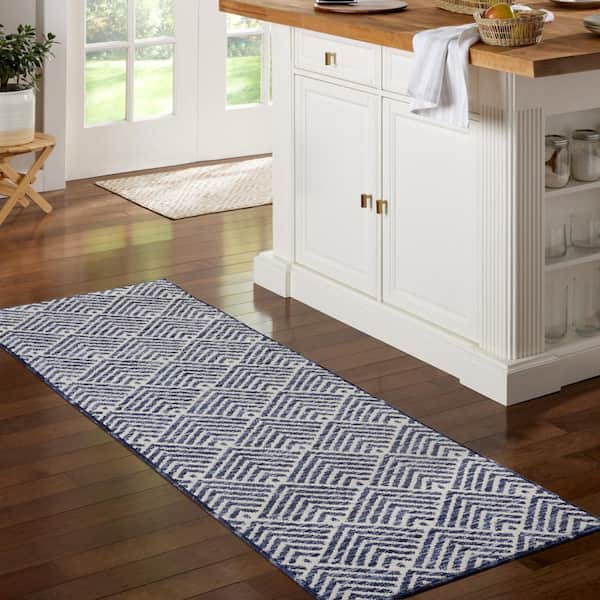 Everyday Walker Modern Stripe Navy Blue 24 in. x 72 in. Machine Washable Runner Kitchen Mat
