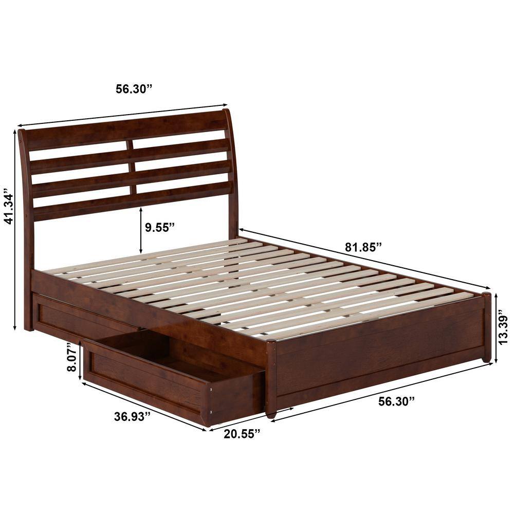 Emelie Full Walnut Wood Platform Bed with Storage Drawers