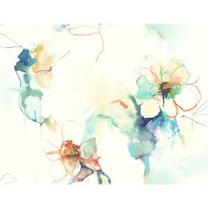 60.75 sq. ft. Turquoise and Persimmon Anemone Watercolor Floral Paper Unpasted Wallpaper Roll