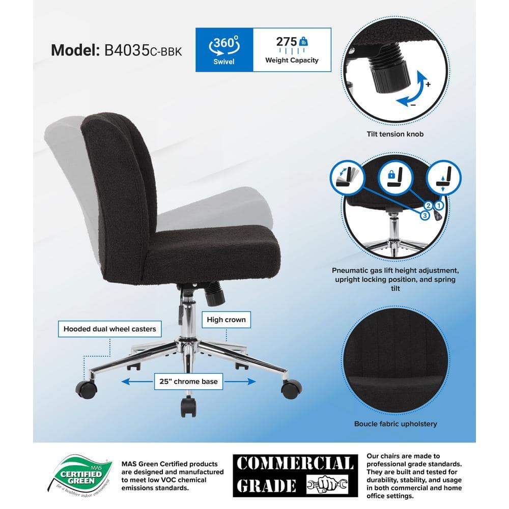 Black Boucle Fabric Swivel Task Chair with Chrome Base