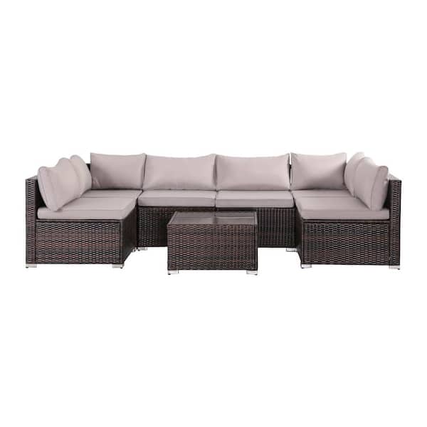 Zeus & Ruta 7-Piece Brown Wicker Outdoor Sectional Set, Rattan Outdoor Patio Set with Gray Cushions and Coffee Table