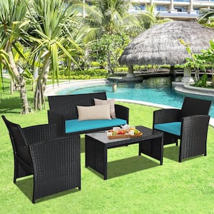 4-Piece Black Wicker Patio Conversation Set with Turquoise Cushions