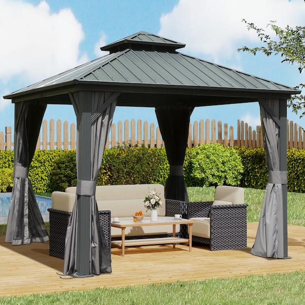 10 ft. x 10 ft. Gray Hardtop Gazebo, Aluminum Metal Gazebo with Galvanized Steel Double Roof Canopy, Curtain and Netting