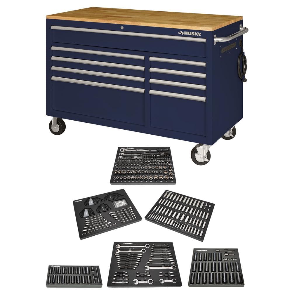 52 in. W x 25 in. D 9-Drawer Gloss Blue Mobile Workbench Tool Chest with Me