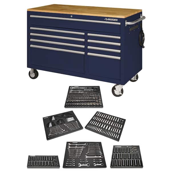 Husky 52 in. W x 25 in. D 9-Drawer Gloss Blue Mobile Workbench Tool Chest with Mechanics Tool Set in Foam (370-Piece)