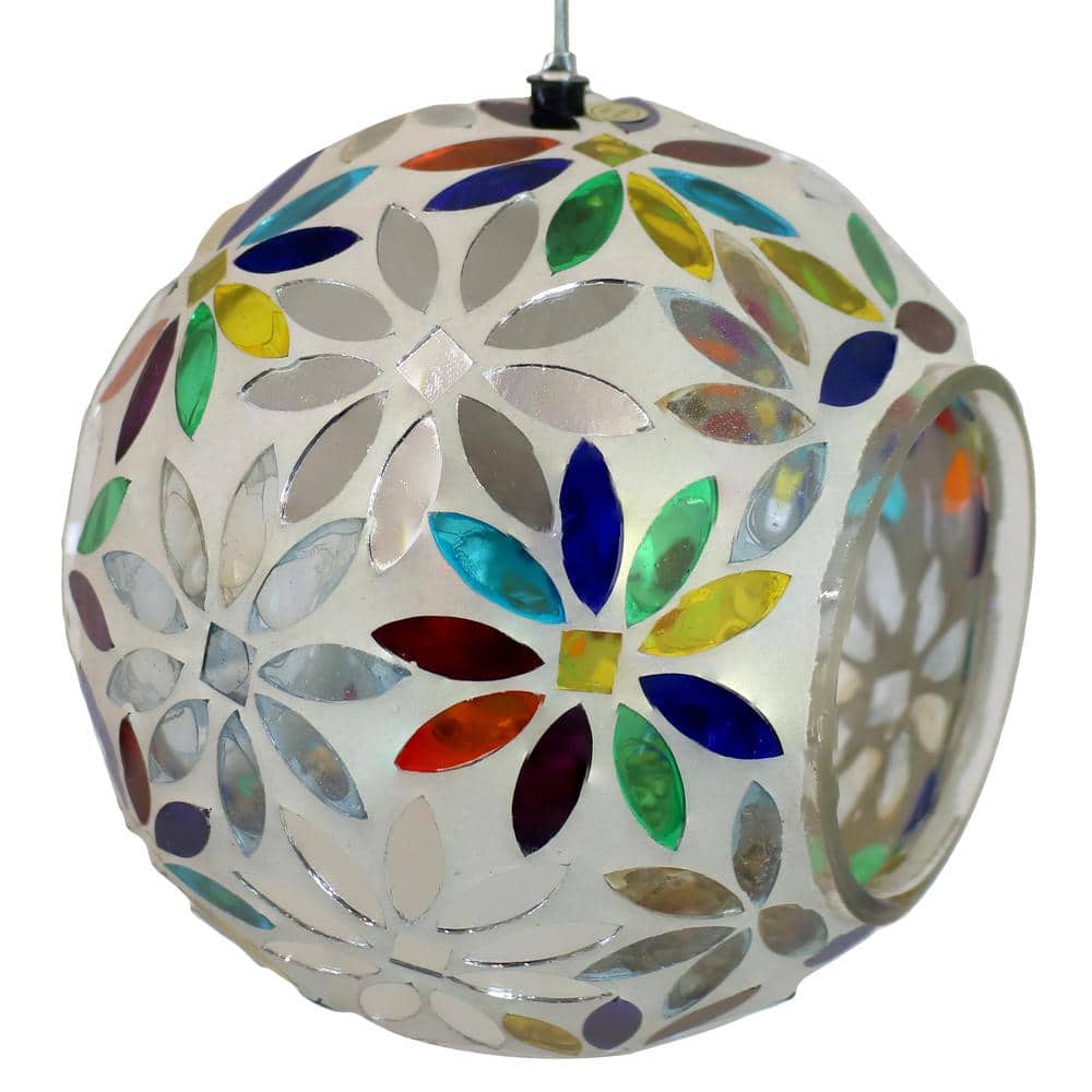 6-Inch Round Glass Mosaic Hanging Bird Feeder with Rainbow Daisies