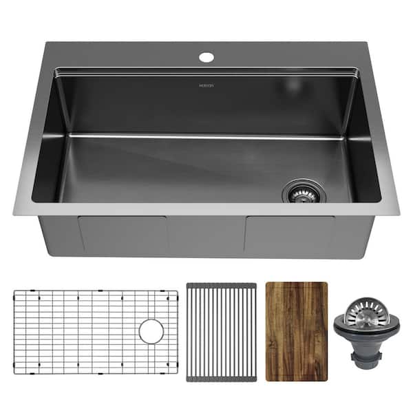 Elite 33 in. Drop-in Single Bowl 16 Gauge Gunmetal Black Stainless Steel Workstation Kitchen Sink