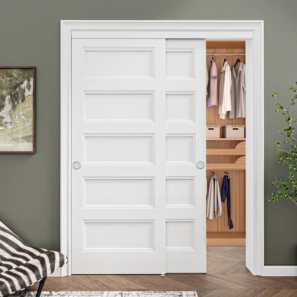 60 in. x 80 in. Paneled 5-Lite White Primed MDF Composite Sliding Door with Hardware