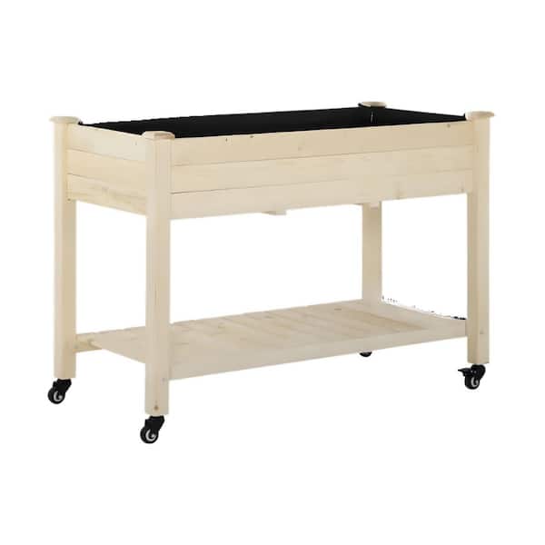 ECOCHIC SPACES INC 47 in. x 22 in. x 33 in. Natural Wooden Elevated Garden Beds with Lockable Wheels, Storage Shelf, and Bed Liner