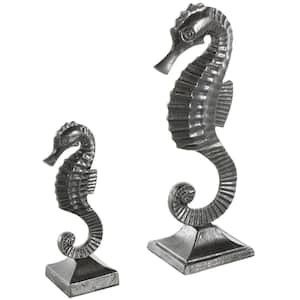 Black Aluminum Metal Sea Horse Sculpture with Square Bases (Set of 2)