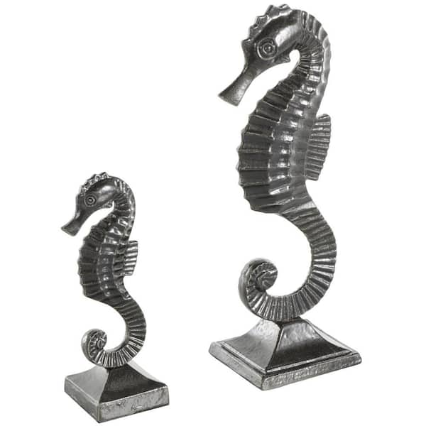 Litton Lane Black Aluminum Metal Sea Horse Sculpture with Square Bases (Set of 2)