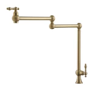 Vintage Deck Mount Pot Filler Kitchen Faucet, with Folding Stretchable Double Joint Swing Arms in Brass Brushed Gold