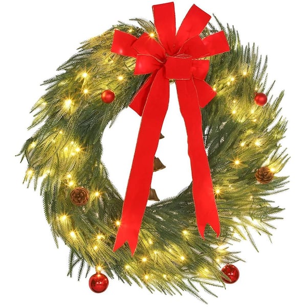 Green Prelit Christmas Wreath Christmas Decoration with LED Lights, 8 Modes and Ornaments for Front Door Indoor
