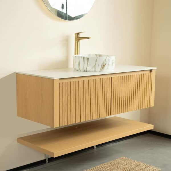 Loiry 48 in. Floating Corolla Oak Woodgrain Bath Vanity with Ceramic Basin and White Sintered Stone Top Pre-assembled