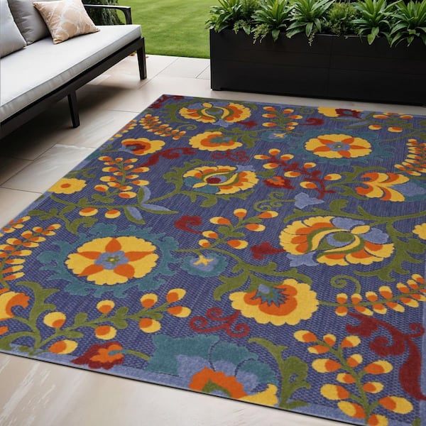 Blue, Yellow, Green 5 ft. x  7 ft. Woven Abstract Polyester Runner Indoor/Outdoor Area Rug