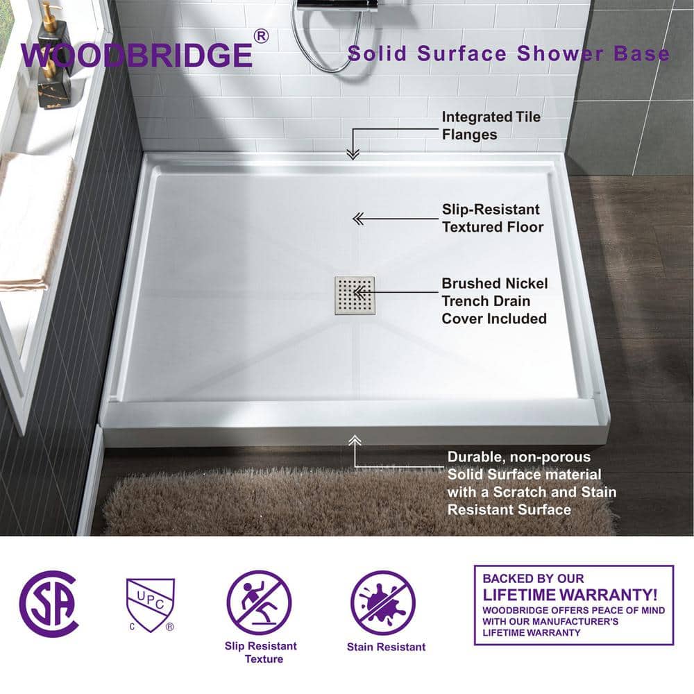 36" White Rectangular Shower Pan Base with Brushed Nickel Drain