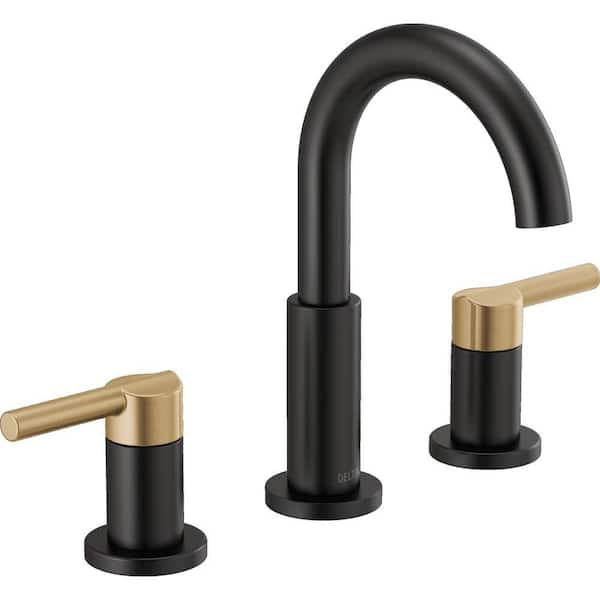 Delta Nicoli J-Spout 8 in. Widespread Double-Handle Bathroom Faucet in Matte Black/Champagne Bronze