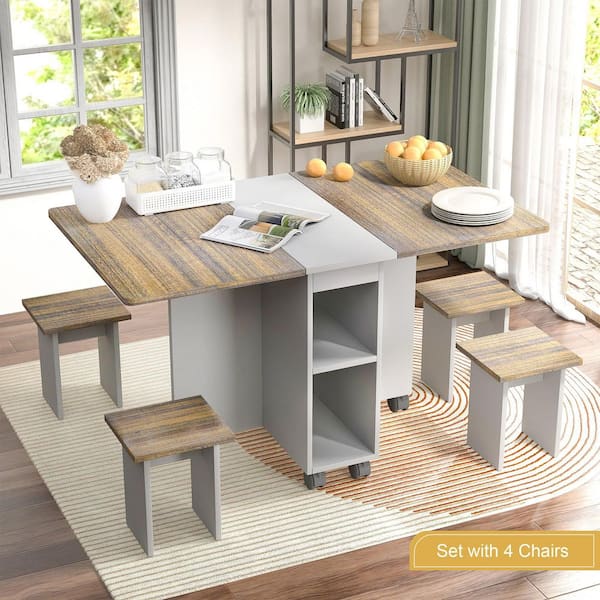 FAMYYT Versatile Gray Folding Extendable Wood Tabletop 55 in. Kitchen Island Cart with 4-Chairs and 6-Wheels
