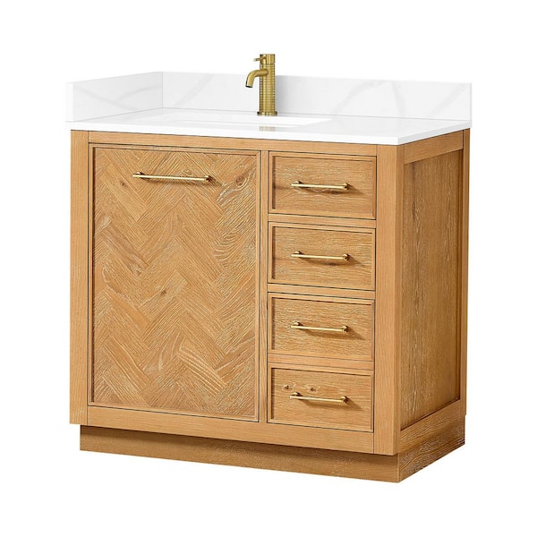 Jakarta 36 in. W x 22 in. D x 34 in. H Single Bath Vanity in Oak Natural Brown with Silk White Quartz Stone Top