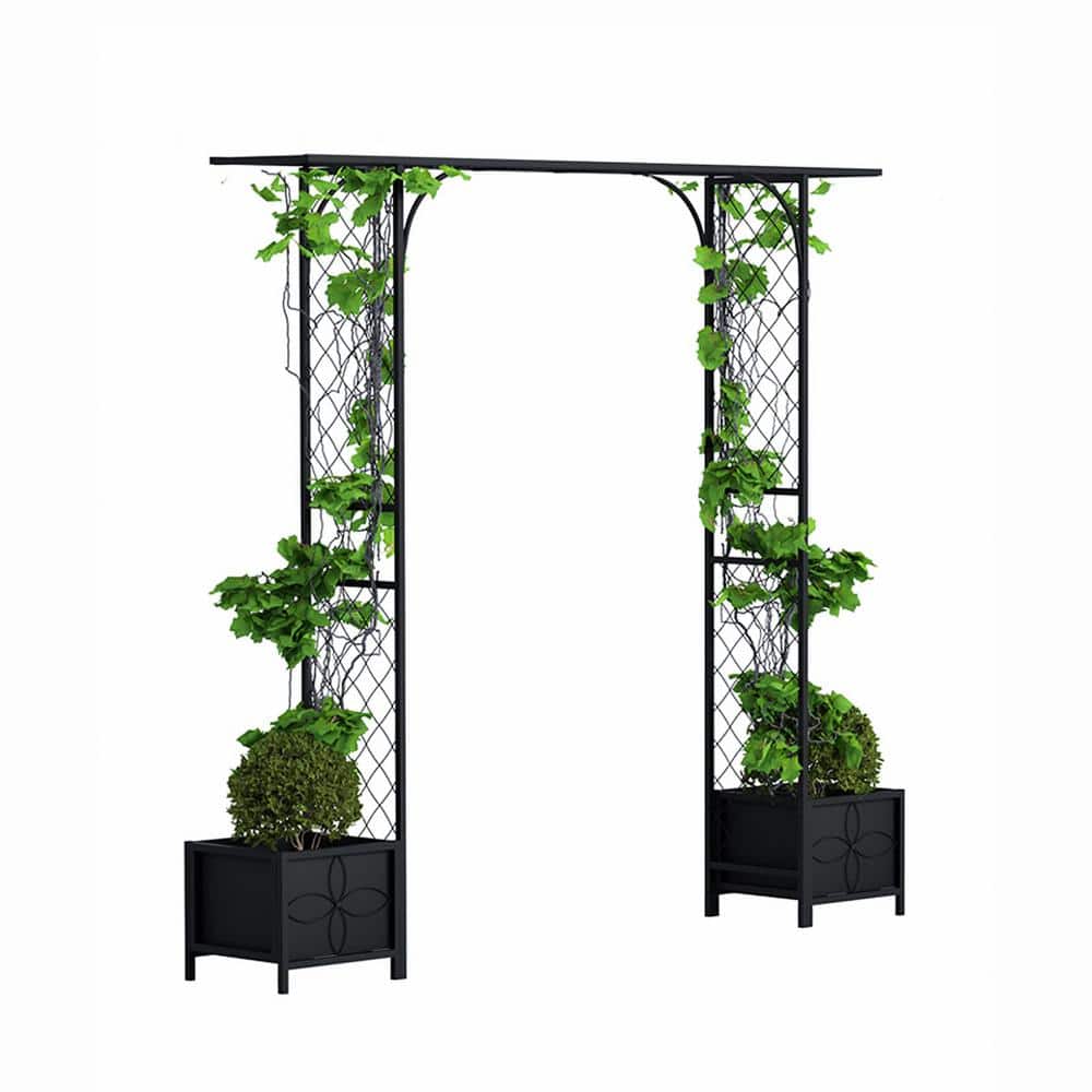 83.5 in. x 90.5 in. Metal Garden Arbor with Planters for Climbing Plant and