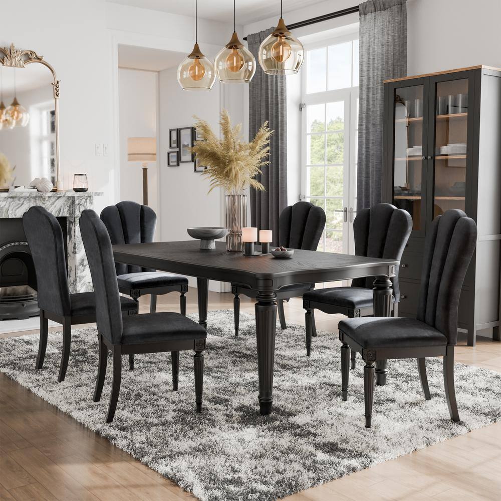 Seabliss Black Wood Veneer Rectangular Dining Table with Fluted Legs