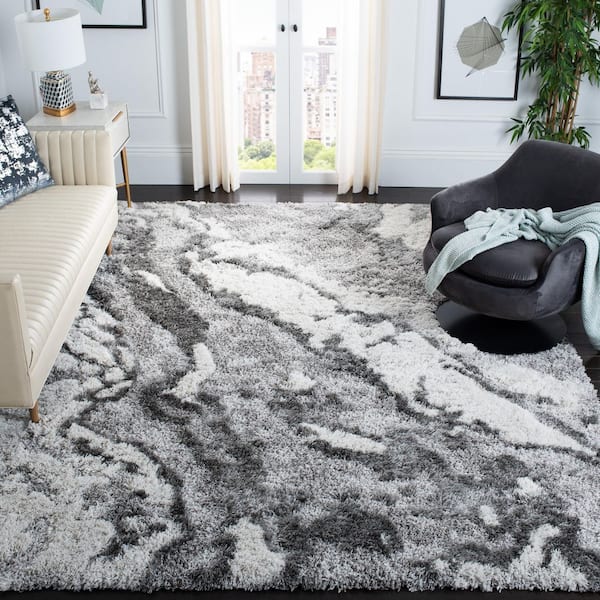 Horizon Shag Gray/Ivory 11 ft. x 11 ft. Abstract Marble Square Area Rug