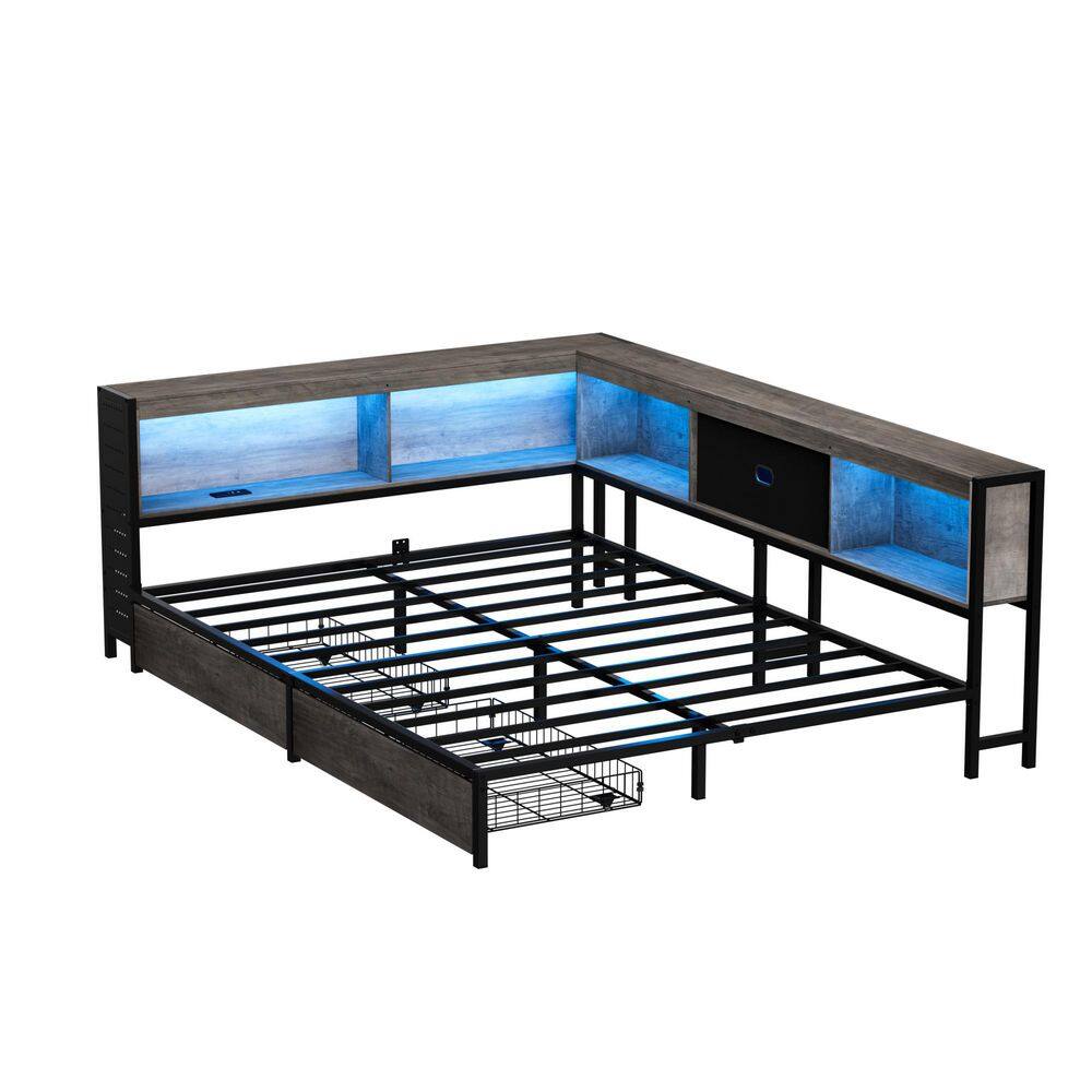 Gray Metal Frame LED Twin Size Corner Platform Bed with Bookcases Charging Station and 2 Drawers price history on PriceWatchPro
