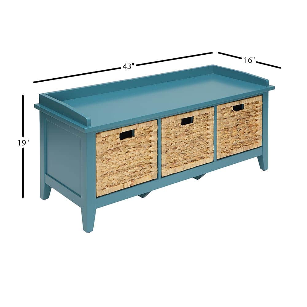 Teal Wood Storage Bench with Rattan Baskets