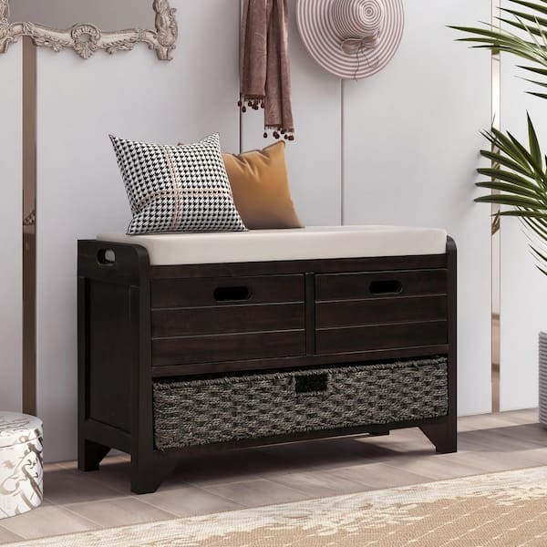 Neville 20 in. H x 32 in. W Espresso Wood Shoe Storage Bench with Cushion, Removable Basket and Drawers