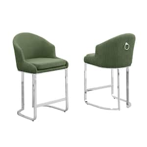 Raul 24 in. Green Low Back Metal Frame Chrome Iron Legs Counter Stool With Teddy Fabric Set of 2