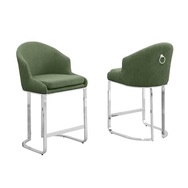 Best Quality Furniture Raul 24 in. Green Low Back Metal Frame Chrome Iron Legs Counter Stool With Teddy Fabric Set of 2