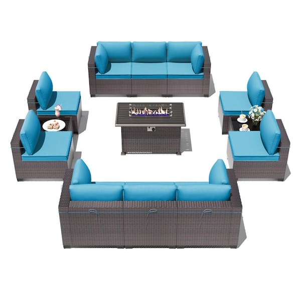 Halmuz 13-Piece Wicker Patio Conversation Set with 55000 BTU Gas Fire ...