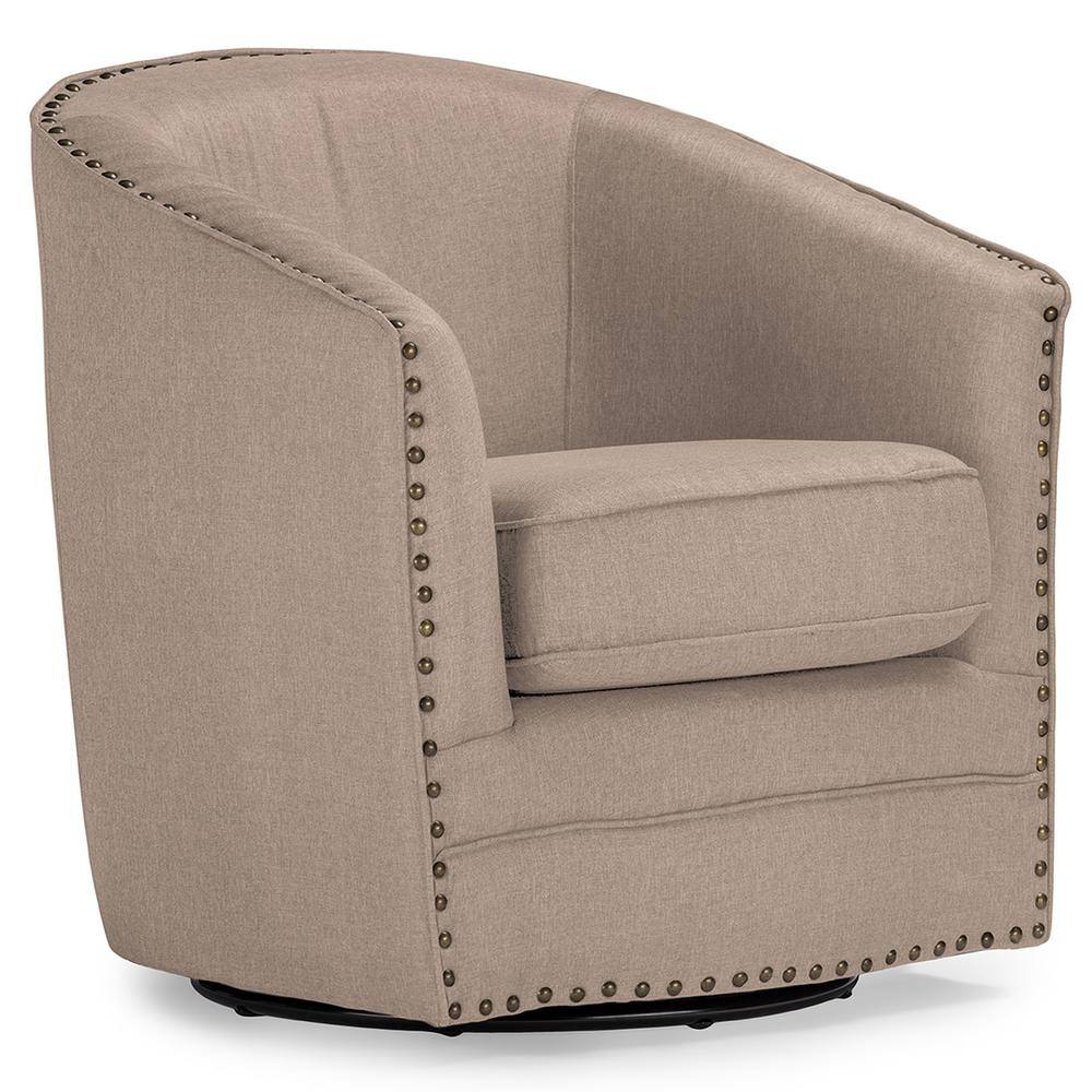 Classic Retro Beige Swivel Barrel Accent Chair with Nailhead Detail