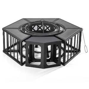 51 in. W Metal BBQ Gray Outdoor Fire Pit Table with Grill and Wood-Grain Side Tables for Picnic Party