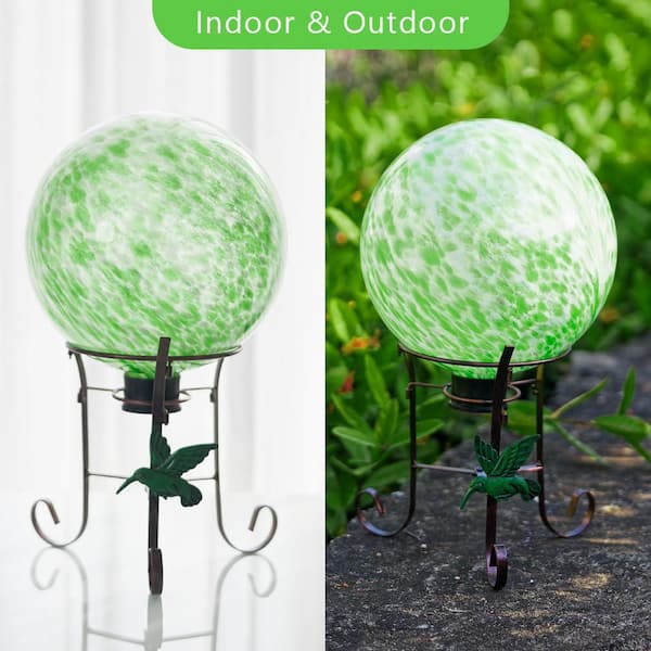 OGETFUUR 10 in. Decorative Garden Green Glass Gazing Ball, Solar