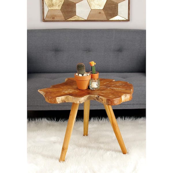Litton Lane 25 in. Brown Handmade Live Edge Large Round Wood End Accent Table with Tripod Legs