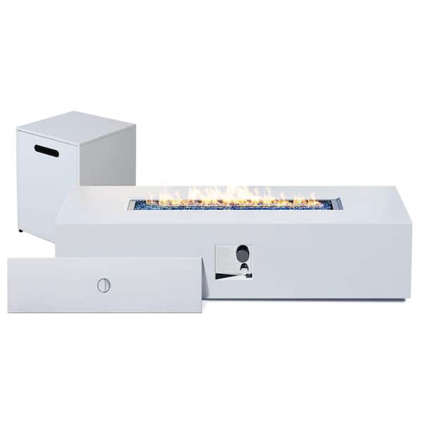 56 in. Outdoor Rectangular Iron White Fire Pit Table with Propane Tank Holder
