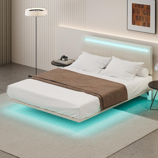 Harper & Bright Designs Floating Design Beige Wood Frame Full Size Velvet Platform Bed with Height-adjustable Headboard and LED Lights