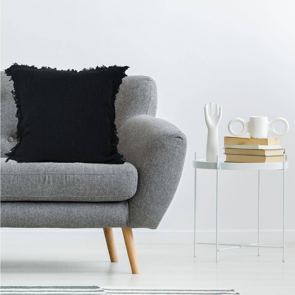 Coastal Chic 20" Square Black Cotton Textured Throw Pillow with Fringe