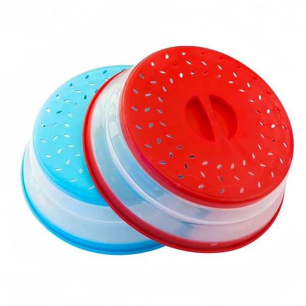 2-Piece Red and Blue Polypropylene BPA-Free Dishwasher Safe Collapsible Microwave Splatter Guard with Vented Design